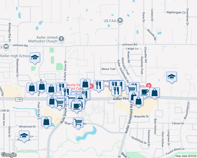 map of restaurants, bars, coffee shops, grocery stores, and more near 1201 Limestone Creek Drive in Keller