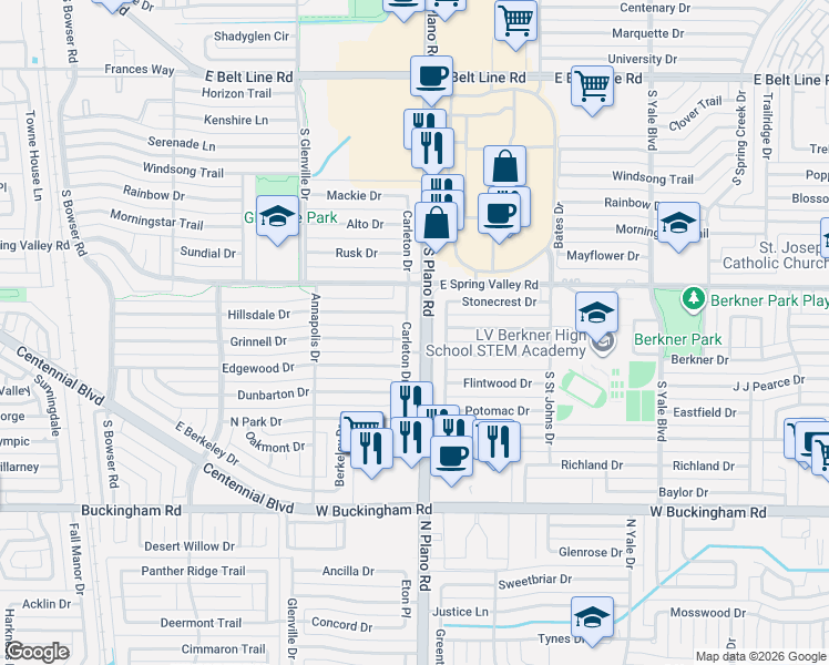 map of restaurants, bars, coffee shops, grocery stores, and more near 807 Carleton Drive in Richardson