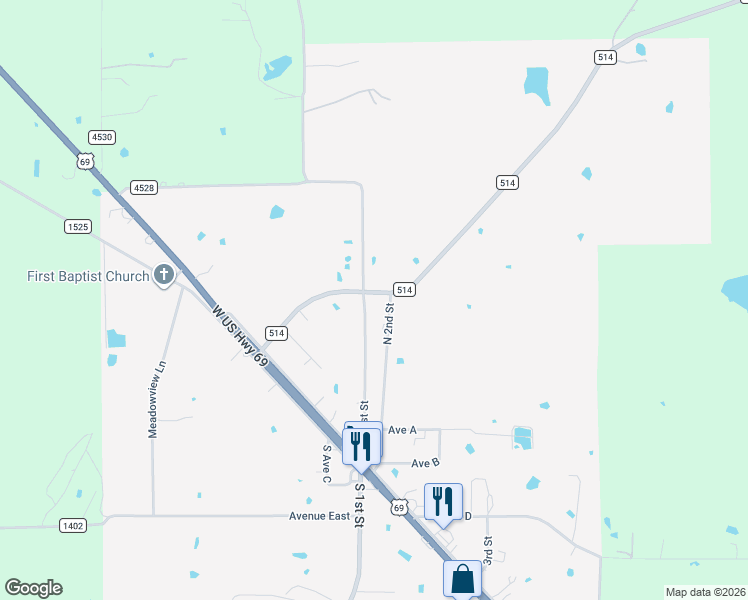 map of restaurants, bars, coffee shops, grocery stores, and more near 520 North 1st Street in Point