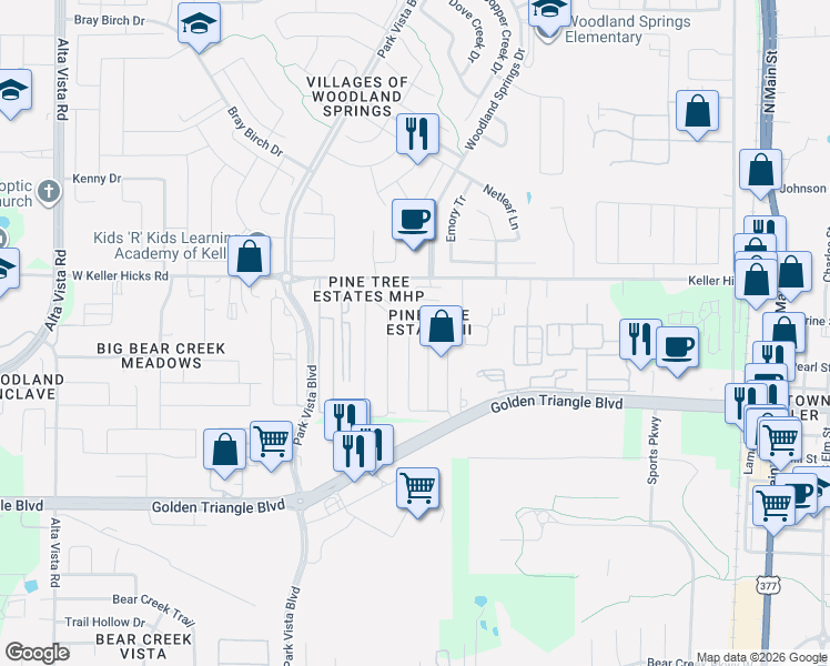 map of restaurants, bars, coffee shops, grocery stores, and more near 11250 Golden Triangle Circle in Fort Worth