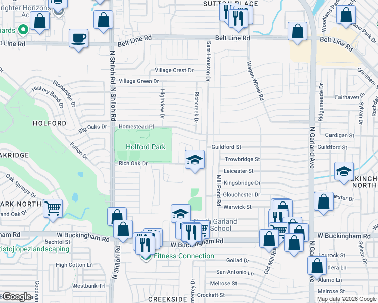 map of restaurants, bars, coffee shops, grocery stores, and more near 2436 Richview Court in Garland
