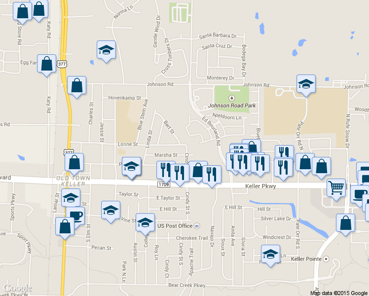 map of restaurants, bars, coffee shops, grocery stores, and more near 440 Lorine Street in Keller