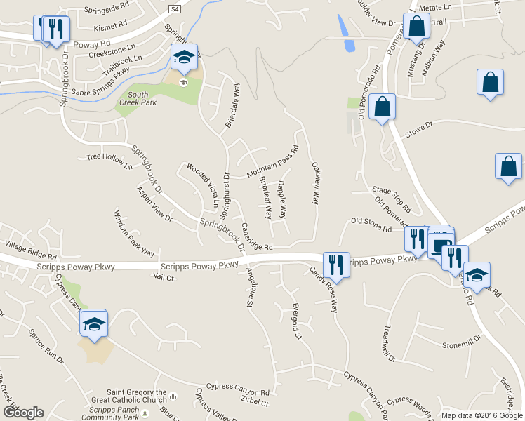 map of restaurants, bars, coffee shops, grocery stores, and more near 11981 Ashley Place in San Diego