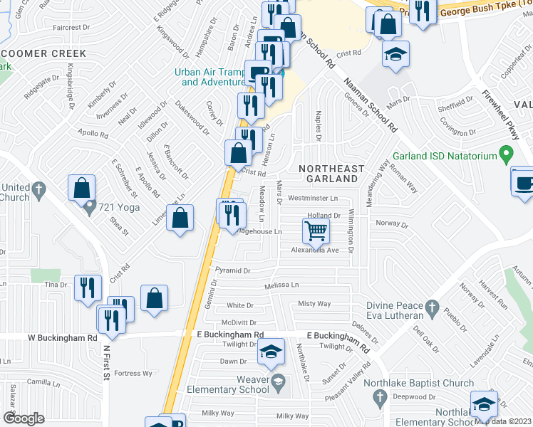 map of restaurants, bars, coffee shops, grocery stores, and more near 2418 Meadow Lane in Garland