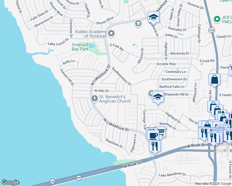 map of restaurants, bars, coffee shops, grocery stores, and more near 1575 North Hills Drive in Rockwall