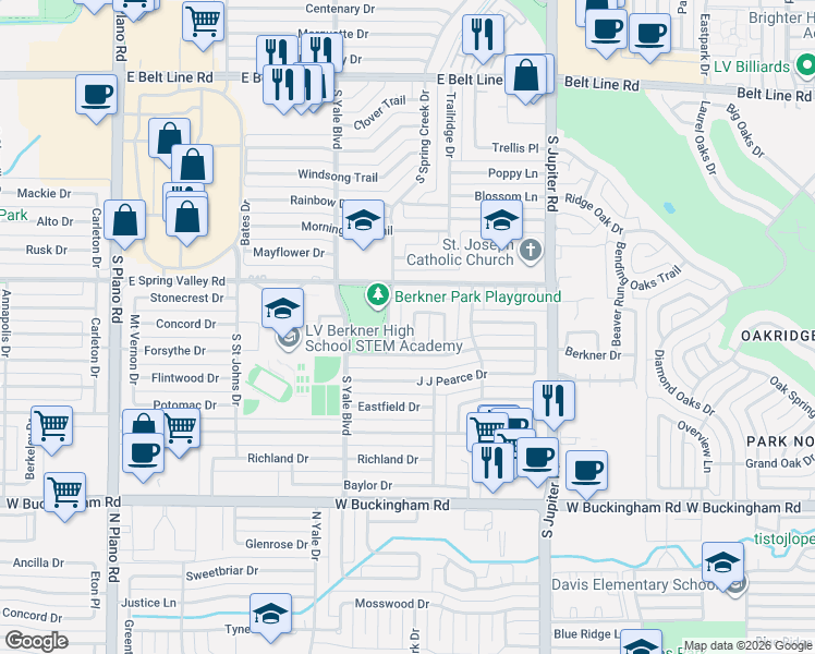 map of restaurants, bars, coffee shops, grocery stores, and more near 5 Green View Circle in Richardson