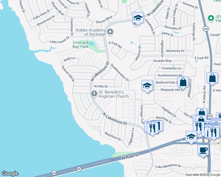 map of restaurants, bars, coffee shops, grocery stores, and more near 1575 North Hills Drive in Rockwall