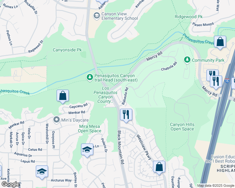 map of restaurants, bars, coffee shops, grocery stores, and more near 9360 Babauta Road in San Diego