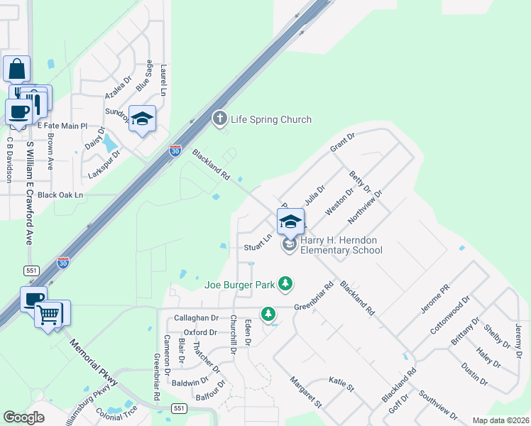 map of restaurants, bars, coffee shops, grocery stores, and more near 514 Robinson Way in Royse City