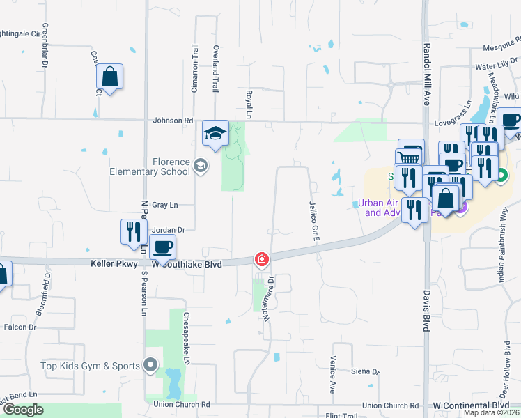 map of restaurants, bars, coffee shops, grocery stores, and more near 162 Jellico Circle in Southlake