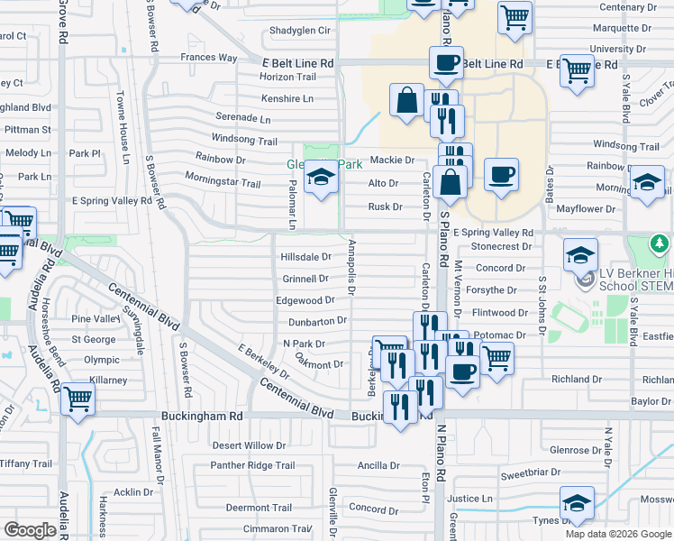 map of restaurants, bars, coffee shops, grocery stores, and more near 1205 Grinnell Drive in Richardson