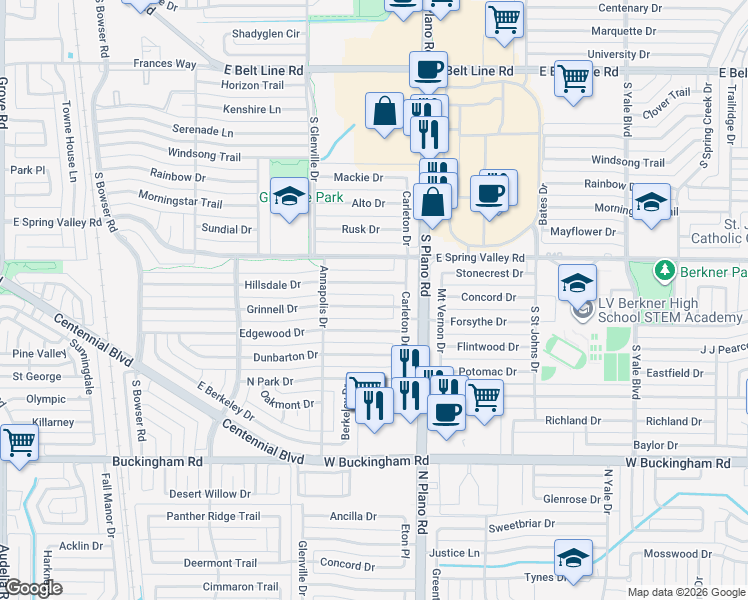 map of restaurants, bars, coffee shops, grocery stores, and more near 1317 Grinnell Drive in Richardson
