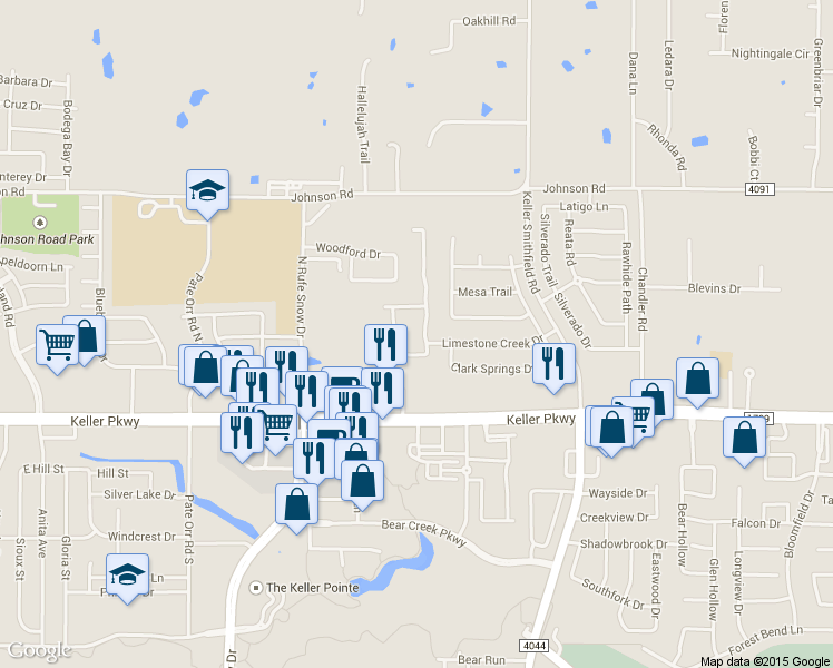 map of restaurants, bars, coffee shops, grocery stores, and more near 209 Granite Falls Drive in Keller