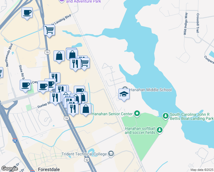 map of restaurants, bars, coffee shops, grocery stores, and more near 5000 Mabeline Road in Hanahan