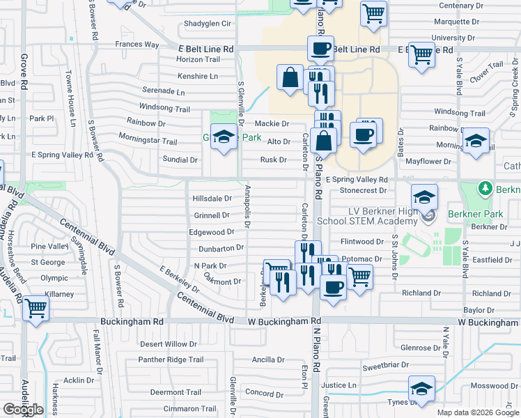map of restaurants, bars, coffee shops, grocery stores, and more near 1305 Grinnell Drive in Richardson