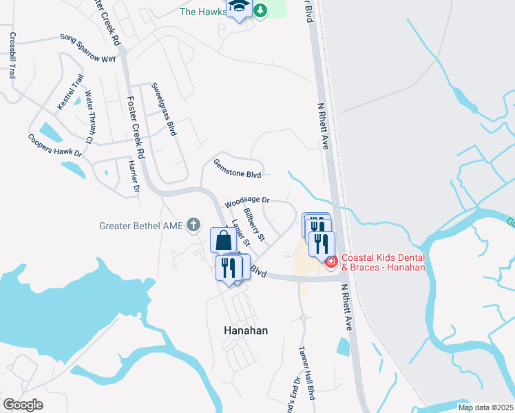map of restaurants, bars, coffee shops, grocery stores, and more near 7023 Bellflower Lane in Hanahan