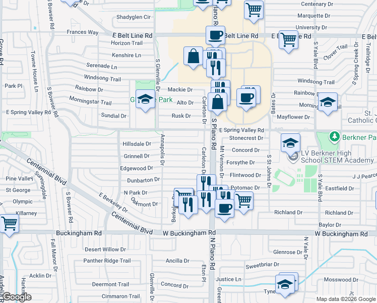 map of restaurants, bars, coffee shops, grocery stores, and more near 1317 Grinnell Drive in Richardson