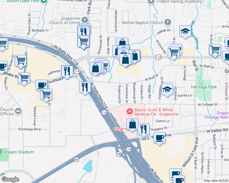 map of restaurants, bars, coffee shops, grocery stores, and more near 1801 Evergreen Court in Grapevine