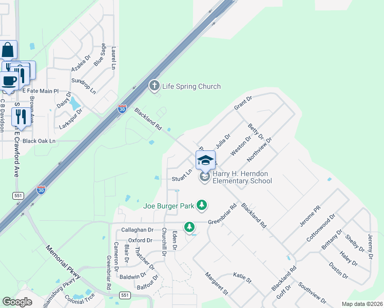 map of restaurants, bars, coffee shops, grocery stores, and more near 1108 Blackland Road in Royse City