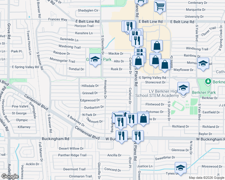 map of restaurants, bars, coffee shops, grocery stores, and more near 1305 Grinnell Drive in Richardson