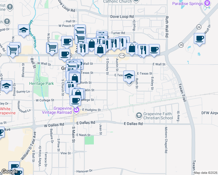 map of restaurants, bars, coffee shops, grocery stores, and more near 521 East Franklin Street in Grapevine