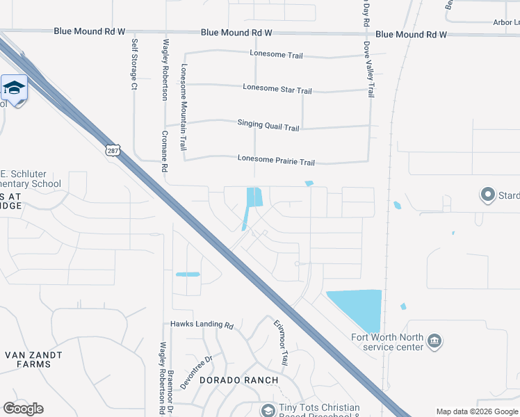 map of restaurants, bars, coffee shops, grocery stores, and more near 501 Roundstone Road in Fort Worth