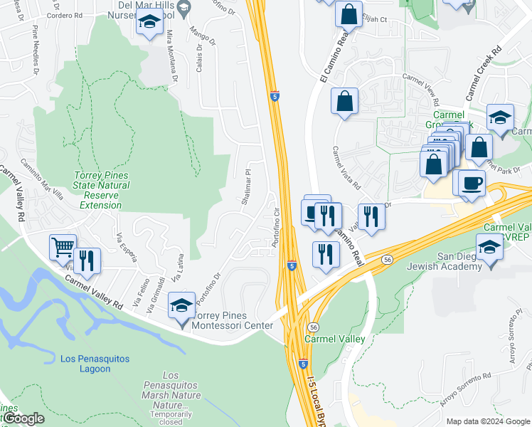 map of restaurants, bars, coffee shops, grocery stores, and more near 2752 Caminito Eldorado in Del Mar