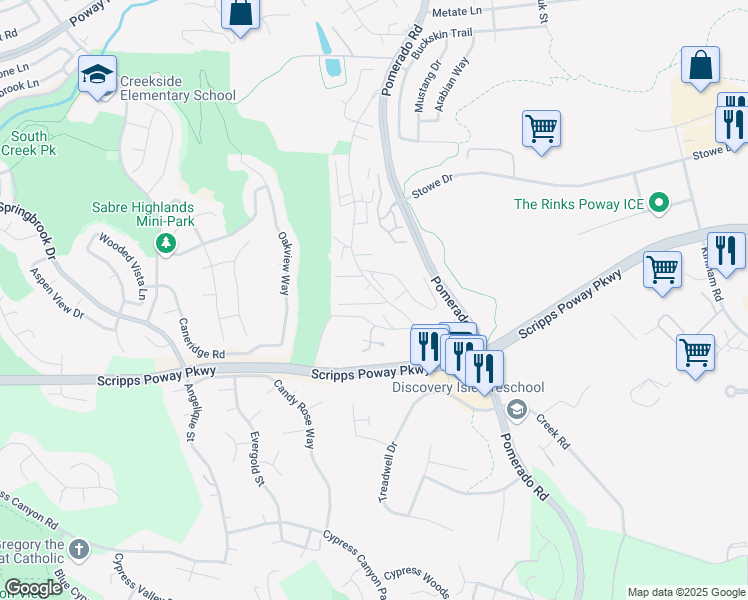 map of restaurants, bars, coffee shops, grocery stores, and more near 12020 Old Pomerado Road in Poway