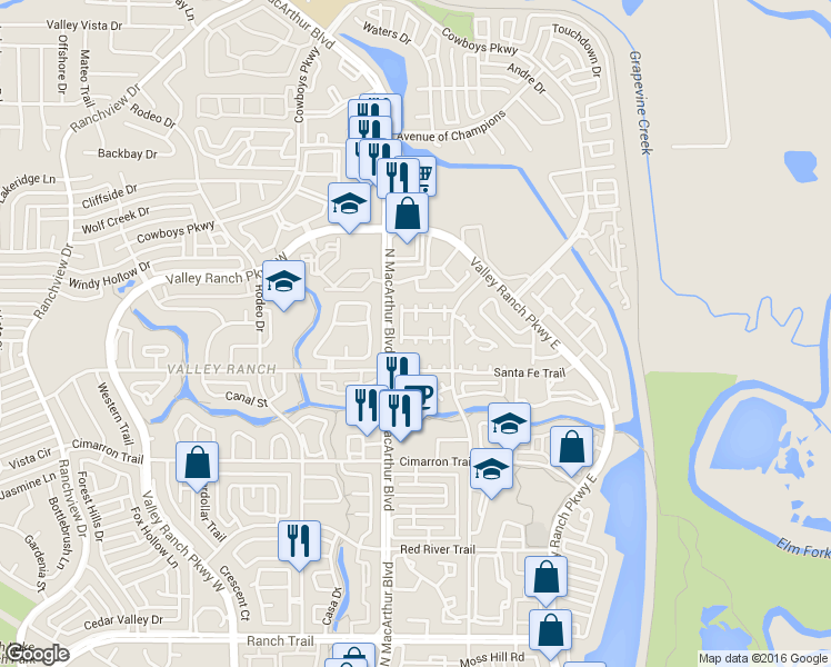 map of restaurants, bars, coffee shops, grocery stores, and more near 417 Moonlight Way in Irving