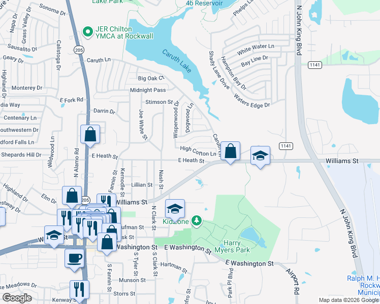map of restaurants, bars, coffee shops, grocery stores, and more near 877 High Cotton Lane in Rockwall