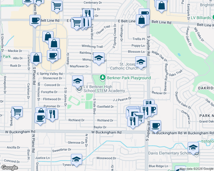 map of restaurants, bars, coffee shops, grocery stores, and more near 5 Green View Circle in Richardson