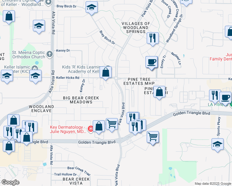 map of restaurants, bars, coffee shops, grocery stores, and more near 11325 Park Vista Boulevard in Fort Worth