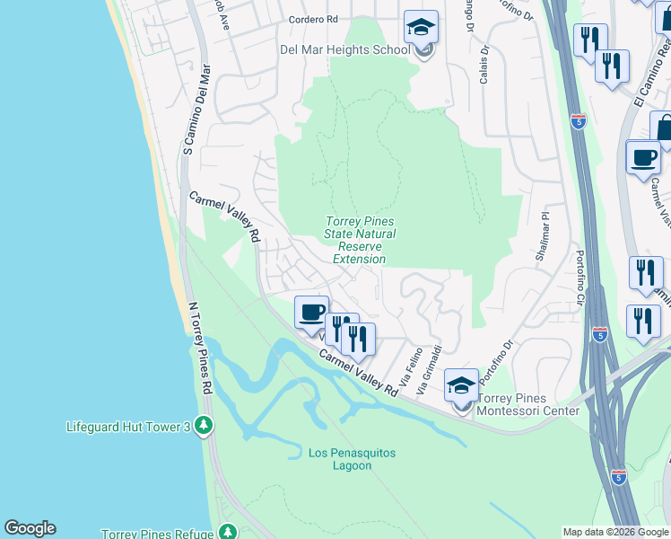 map of restaurants, bars, coffee shops, grocery stores, and more near 13011 Caminito Mar Villa in Del Mar
