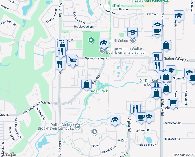 map of restaurants, bars, coffee shops, grocery stores, and more near 3990 Vitruvian Way in Addison
