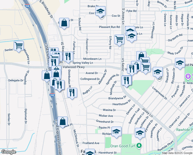map of restaurants, bars, coffee shops, grocery stores, and more near 2543 Collingwood Drive in Farmers Branch