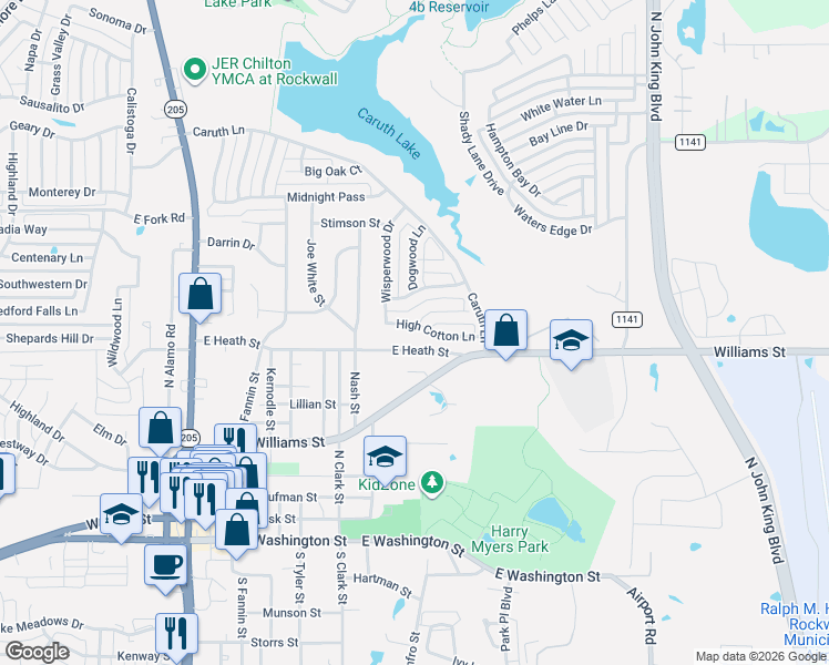 map of restaurants, bars, coffee shops, grocery stores, and more near 877 High Cotton Lane in Rockwall