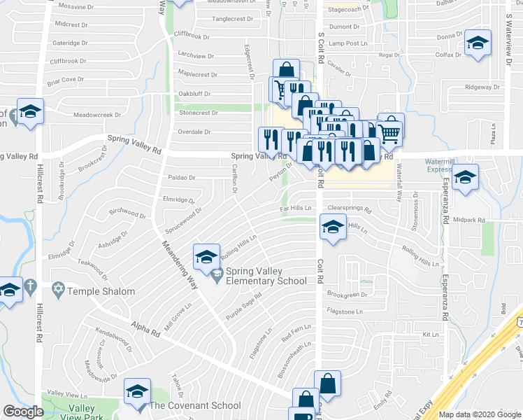 map of restaurants, bars, coffee shops, grocery stores, and more near 13939 Far Hills Lane in Dallas