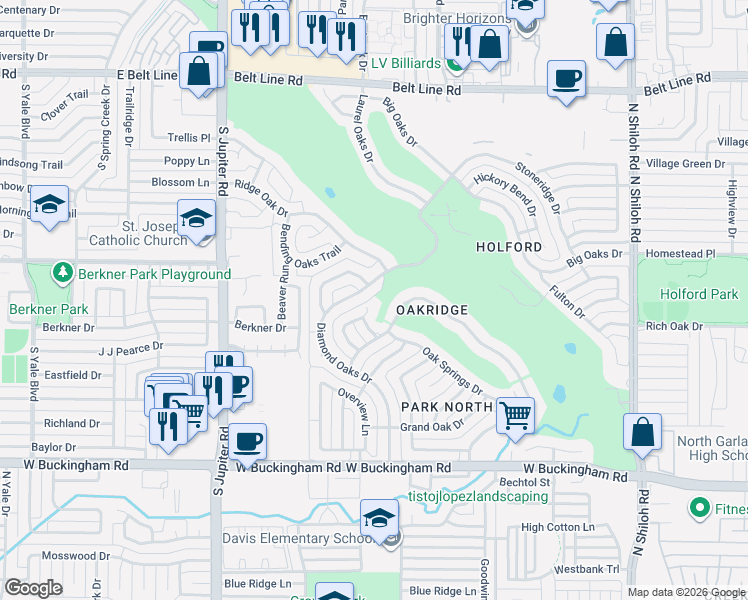 map of restaurants, bars, coffee shops, grocery stores, and more near 2410 Lone Oak Trail in Garland