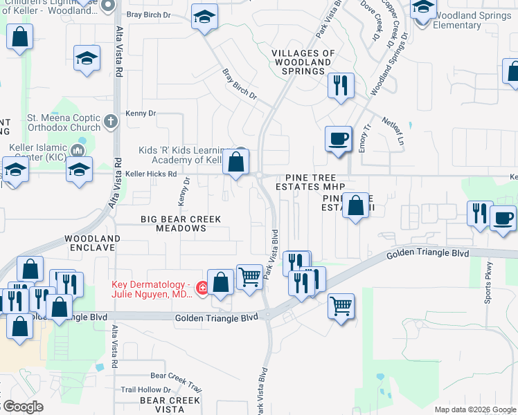 map of restaurants, bars, coffee shops, grocery stores, and more near 11201 Park Vista Boulevard in Fort Worth
