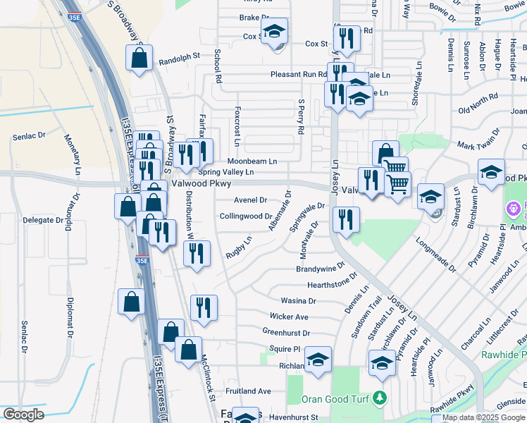 map of restaurants, bars, coffee shops, grocery stores, and more near 2543 Collingwood Drive in Farmers Branch