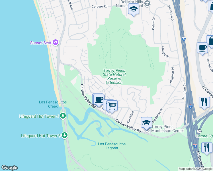map of restaurants, bars, coffee shops, grocery stores, and more near 13011 Caminito Mar Villa in Del Mar