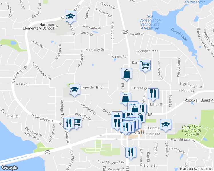 map of restaurants, bars, coffee shops, grocery stores, and more near 302 Shepards Hill Drive in Rockwall