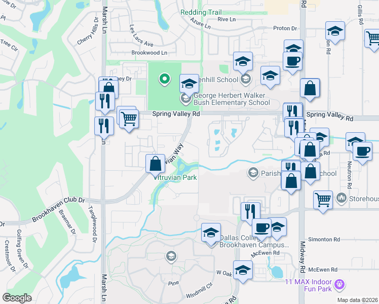 map of restaurants, bars, coffee shops, grocery stores, and more near 3990 Vitruvian Way in Addison