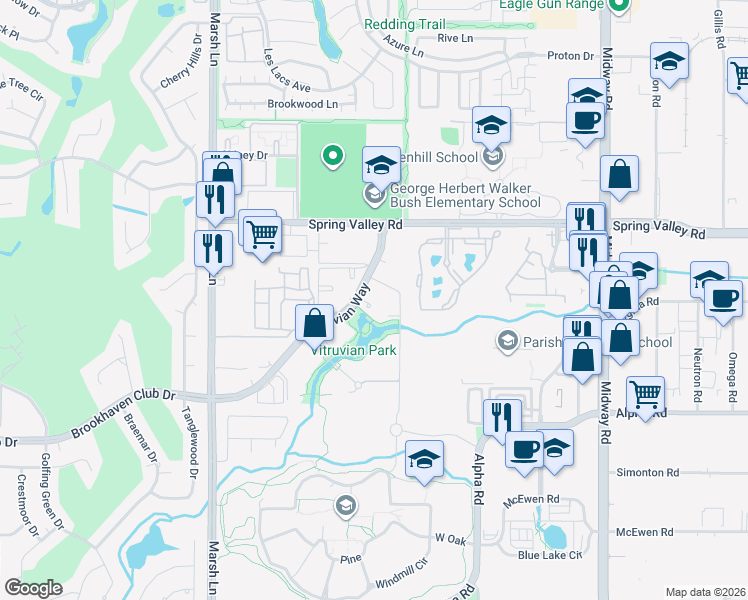 map of restaurants, bars, coffee shops, grocery stores, and more near 3990 Vitruvian Way in Addison