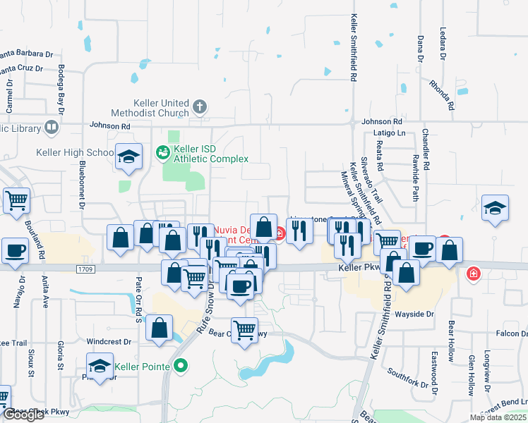 map of restaurants, bars, coffee shops, grocery stores, and more near 209 Granite Falls Drive in Keller