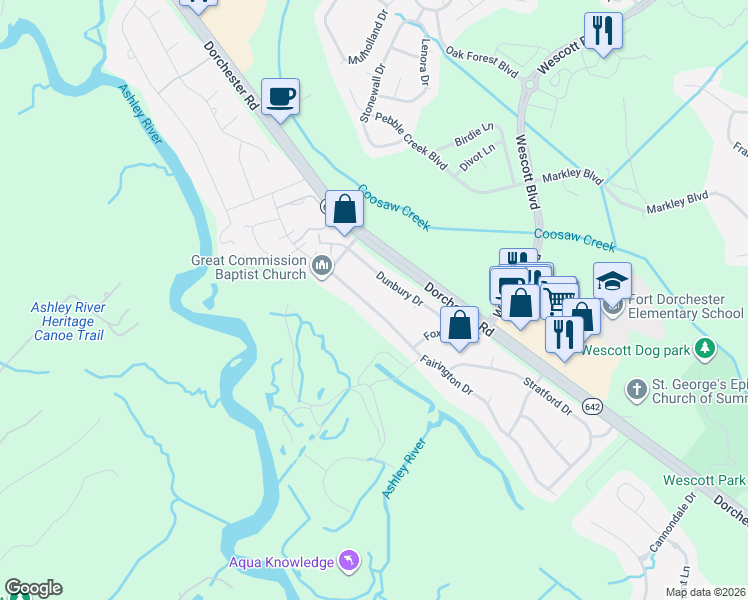 map of restaurants, bars, coffee shops, grocery stores, and more near 315 Fairington Drive in Summerville