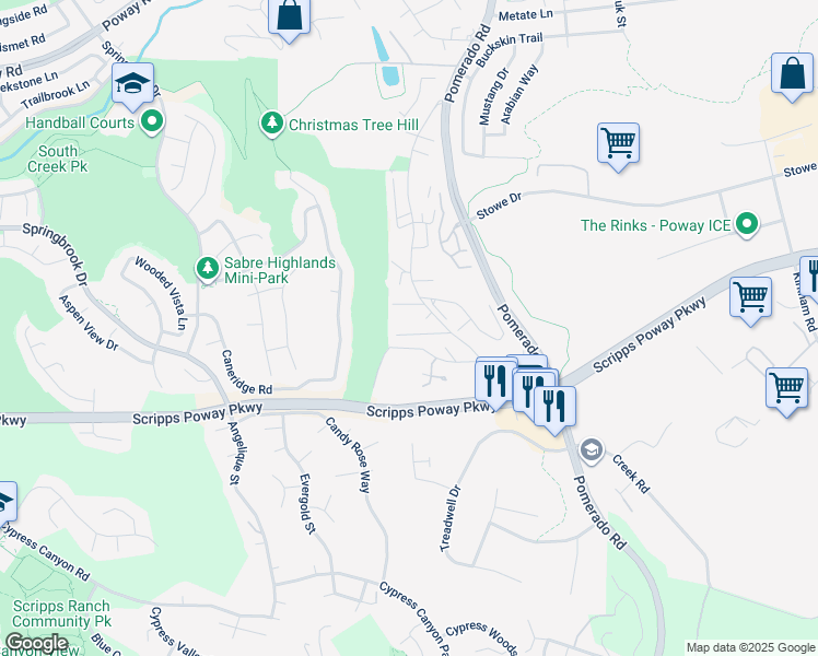 map of restaurants, bars, coffee shops, grocery stores, and more near 12010 Old Pomerado Road in Poway