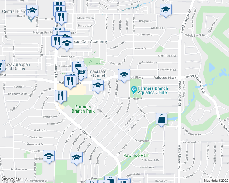 map of restaurants, bars, coffee shops, grocery stores, and more near 14019 Birchlawn Drive in Farmers Branch