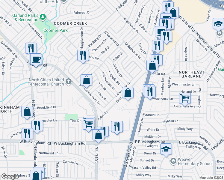 map of restaurants, bars, coffee shops, grocery stores, and more near 310 East Schreiber Street in Garland