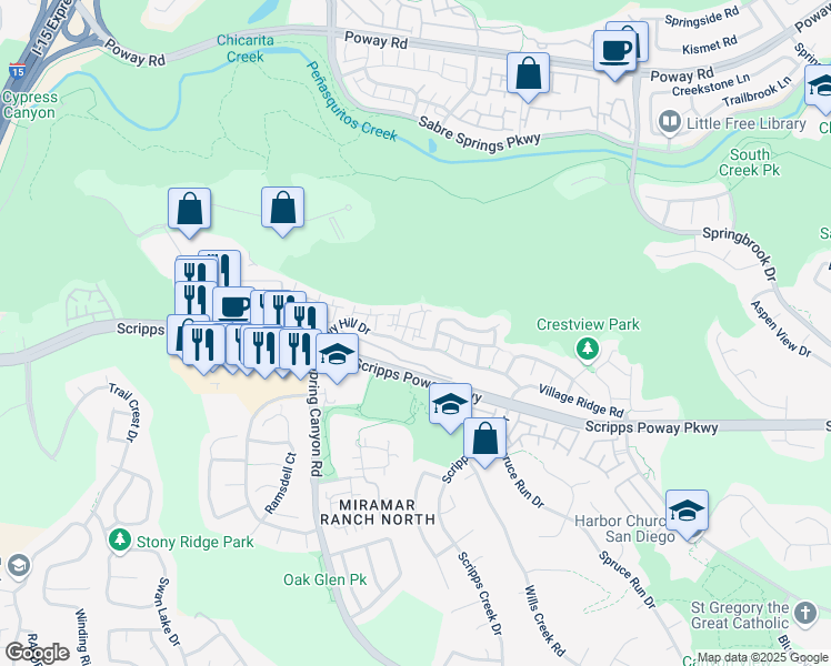 map of restaurants, bars, coffee shops, grocery stores, and more near 10960 Ivy Hill Drive in San Diego
